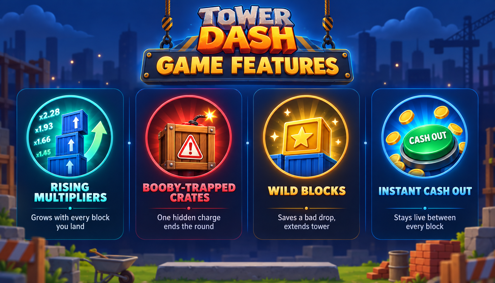 Funciones de Tower Dash - Rising Multipliers, Booby-Trapped Crates, Wild Blocks e Instant Cash Out